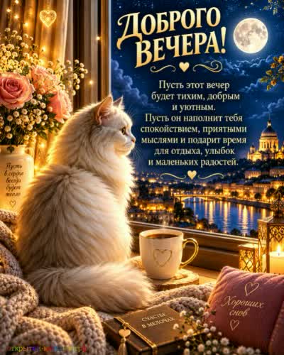 Добрый вечер - читай, смотри, наслаждайся! Открытка добрый вечер с белым котом и полной луной