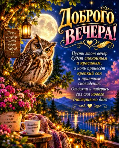 Добрый вечер - пусть всё под контролем! Открытка добрый вечер с совой и полнолунием