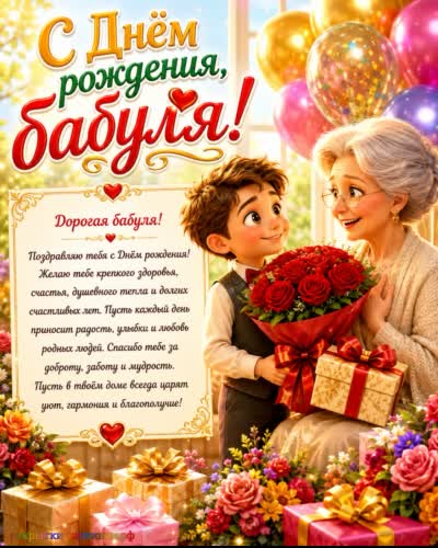 С днём рождения - приятных сюрпризов! открытка с днем рождения бабушке с милым мальчиком с букетом красных цветов