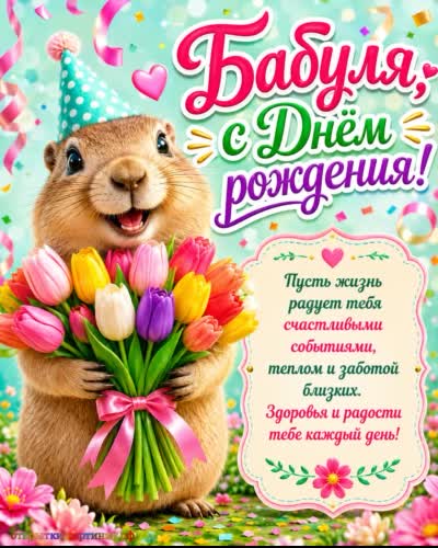 С днём рождения - новых увлечений! открытка с днем рождения бабушке с хомячком с букетом тюльпанов
