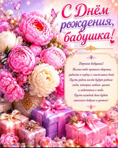 С днём рождения - уютных посиделок! открытка с днем рождения бабушке с разнообразными подарками и букетом цветов