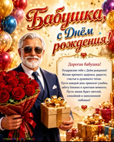 С днём рождения - ясного ума! открытка с днем рождения бабушке с дедушкой с букетом красных роз и подарком
