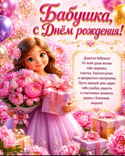 Пусть твой путь идёт через спокойствие и ясность! открытка с днем рождения бабушке с милой девочкой и букетом розовых пионов с подарком