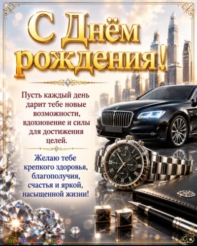 красивая открытка с днем рождения с элитным автомобилем и премиальными подарками
