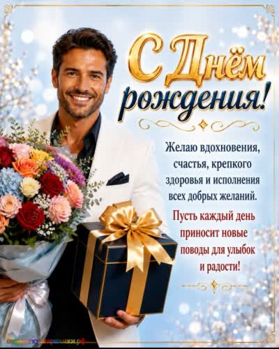 красивая открытка с днем рождения с милым мужчиной с букетом цветов и подарком