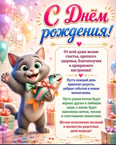 красивая открытка с днем рождения с котиком и рыбкой