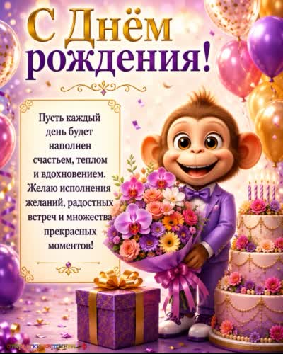 красивая открытка с днем рождения с обезьянкой с тортом и букетом цветов
