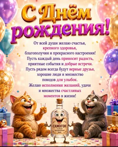 красивая открытка с днем рождения с рыжим и серым котиком