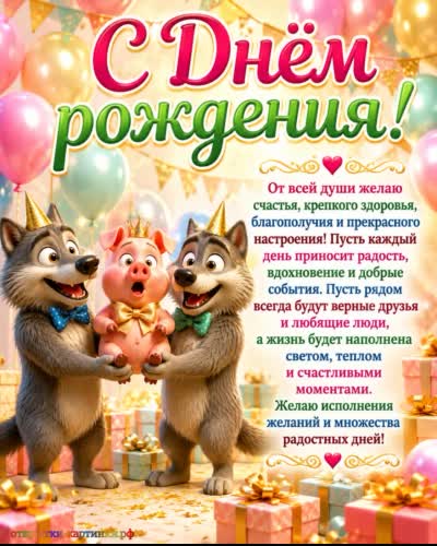  красивая открытка с днем рождения с волками и поросеночком