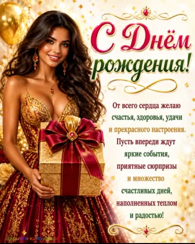 красивая открытка с днем рождения с девушкой брюнеткой и подарком