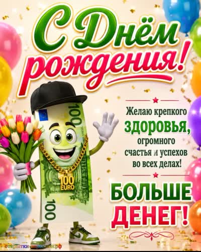 красивая открытка с днем рождения с денежной купюрой сто евро и букетом цветов