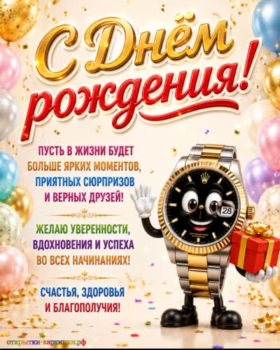 красивая открытка с днем рождения с веселыми наручными часами и подарком