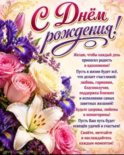 красивая открытка с днем рождения с роскошными цветами и милым поздравлением