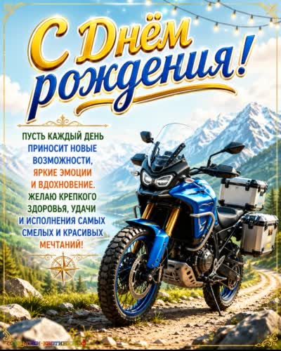  красивая открытка с днем рождения с подарочным горным мотоциклом