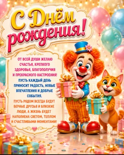  красивая открытка с днем рождения с милым клоуном и рыжим котом