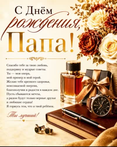 Пусть в жизни будет больше «всё хорошо» и меньше «подожди». открытка с днем рождения папе с подарком наручными часами туалетной водой и подарком