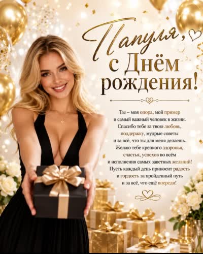 Пусть каждый шаг будет лёгким, а сердце - тёплым. открытка с днем рождения папе с красивой женщиной и подарком