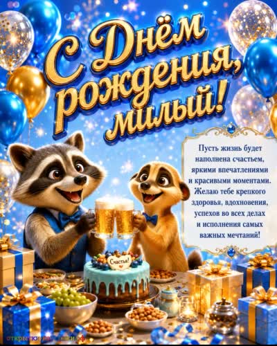 С днём рождения, душевный парень - любви и понимания! открытка с днем рождения парню с милым енотом и сурикатом