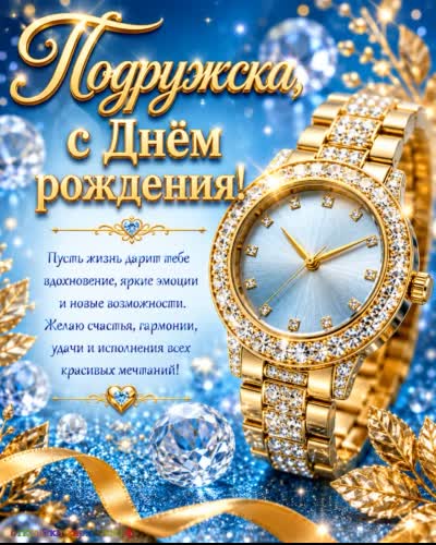  открытка с днем рождения подруге с золотыми наручными часами с бриллиантами