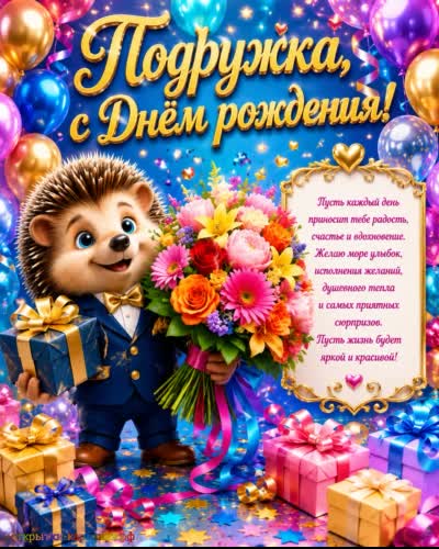 открытка с днем рождения подруге с ежиком с букетом цветов и подарком