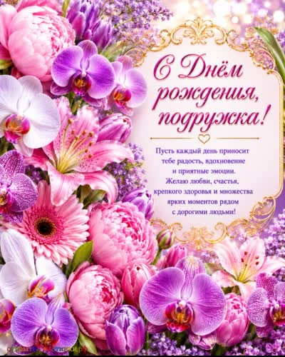 открытка с днем рождения подруге с разнообразными цветами и душевным  поздравлением