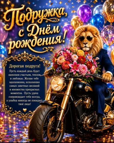 открытка с днем рождения подруге с львом мотоциклом и букетом цветов