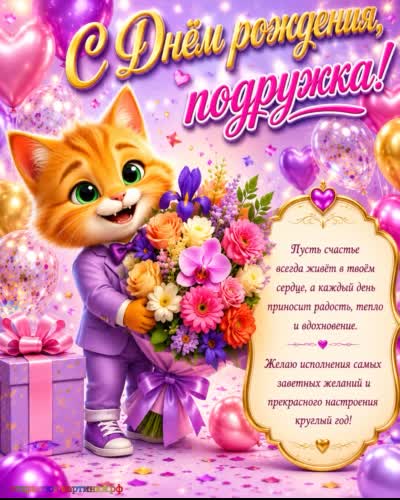 открытка с днем рождения подруге с милым рыжим котом с букетом цветов и поздравлением