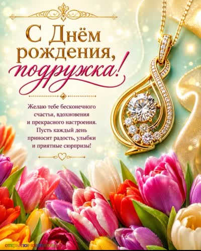 открытка с днем рождения подруге с золотой подвеской с бриллиантами