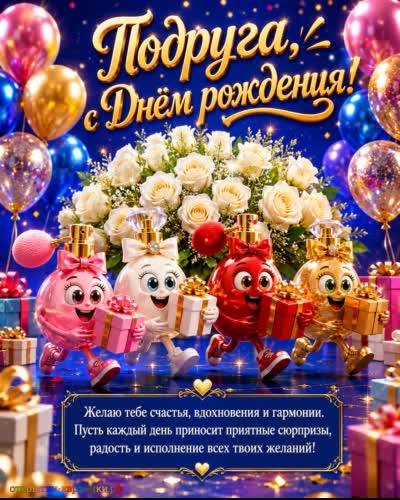 открытка с днем рождения подруге с разнообразными флаконами с духами