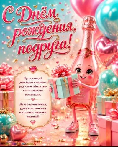 открытка с днем рождения подруге с поздравлением с бутылкой розового шампанского