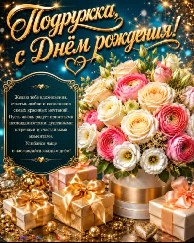 открытка с днем рождения подруге с роскошными подарками и букетом разноцветных роз