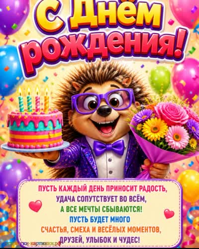 С днём рождения - улыбок и смеха! прикольная открытка с днем рождения с ежиком и юукетом цветов с тортом