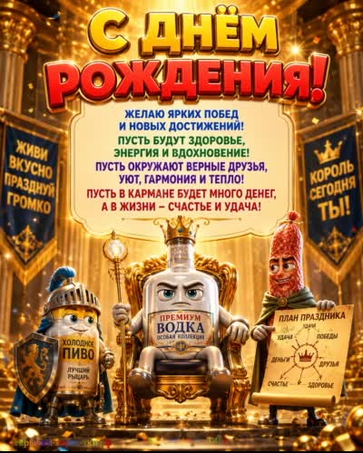 С днём рождения - пусть везёт во всём! прикольная открытка с днем рождения с бутылокой на троне и сосиской
