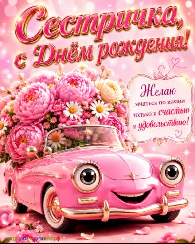 С днём рождения, родная сестрёнка - бодрости и хорошего настроения! Открытка с днем рождения сестре с мультяшным розовым автомобилем и огромным букетом цветов
