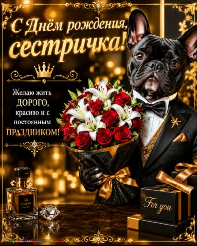 С днём рождения, драгоценная сестрёнка - пусть сбудутся мечты! Открытка с днем рождения сестре с милым мопсом с букетом белых лилий и красных роз