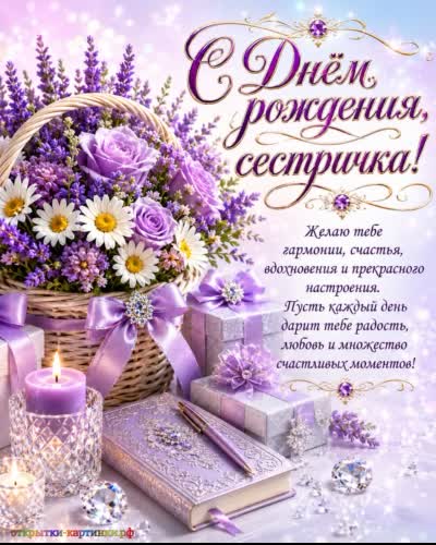 С днём рождения, дорогая сестрёнка - тепла и уюта в доме! Открытка с днем рождения сестре с корзинкой цветов и разнообразными подарками