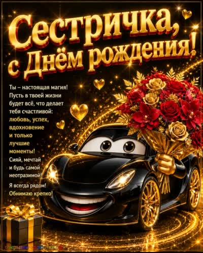 С днём рождения, дорогая сестрёнка - семейного счастья! Открытка с днем рождения сестре с мультяшным черным автомобилем с букетом цветов