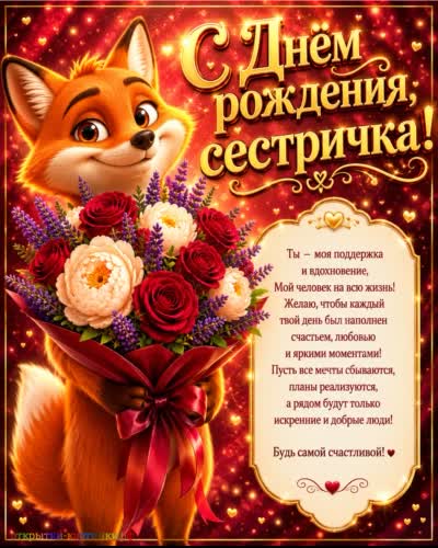 С днём рождения, талантливая сестрёнка - творческих успехов! Открытка с днем рождения сестре с лисенком и букетом разнообразных цветов