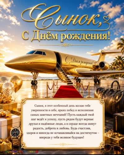 Пусть сегодня всё будет в ритме - твоём, удобном, своём! открытка с днем рождения сыну с подарком частный самолет