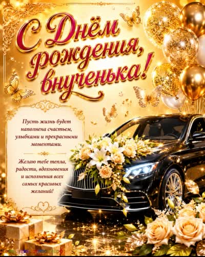 С днём рождения, любознательная внученька - творческих открытий! открытка с днем рождения внучке с премиальным автомобилем и белыми цветами