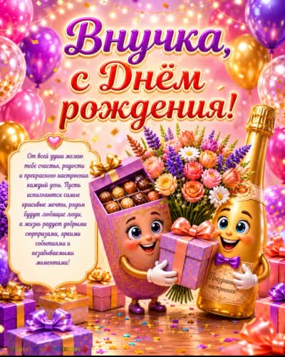 С днём рождения, родная внученька - искренней дружбы! открытка с днем рождения внучке с коробкой конфет с подарком и цветами