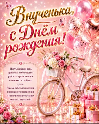С днём рождения, сильная внученька - пусть всё удаётся! открытка с днем рождения внучке с велосипедом и подарками