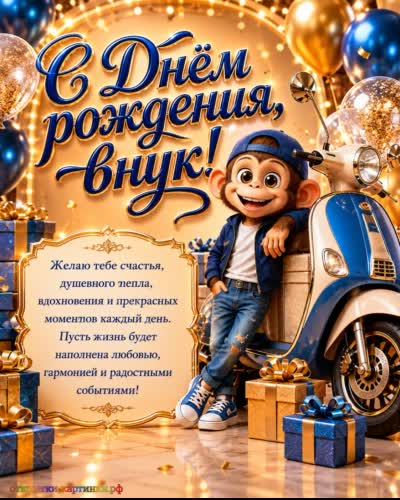 открытка с днем рождения внука с милой обезьянкой с мотороллером и подарком с поздравлением