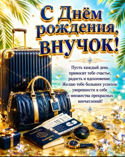 открытка с днем рождения внука с роскошными подарками и поздравлением