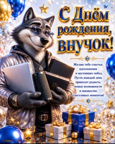 открытка с днем рождения внука с волком и премиальными подарками