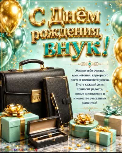открытка с днем рождения внука с подарками портмане кошелек и ручка с шарами