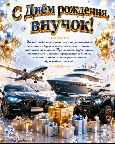 открытка с днем рождения внука с премиальным автомобилем квадроциклом и яхтой