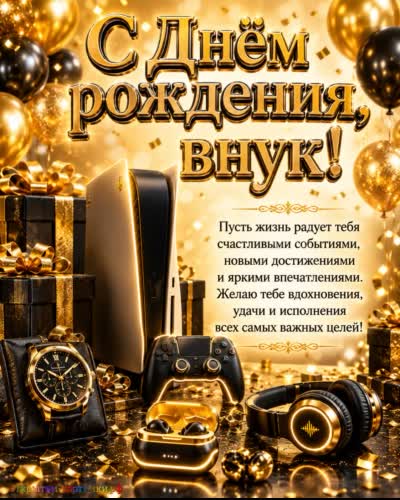 открытка с днем рождения внука с игровой консолью разными подарками и поздравлением
