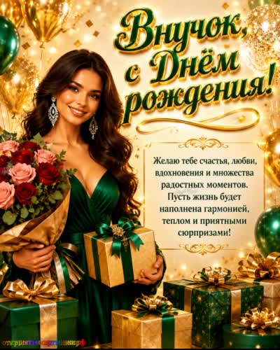 открытка с днем рождения внука с красивой девушкой брюнеткой с букетом цветов