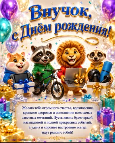 открытка с днем рождения внука с милым хомячком енотом и сурикатом с подарками
